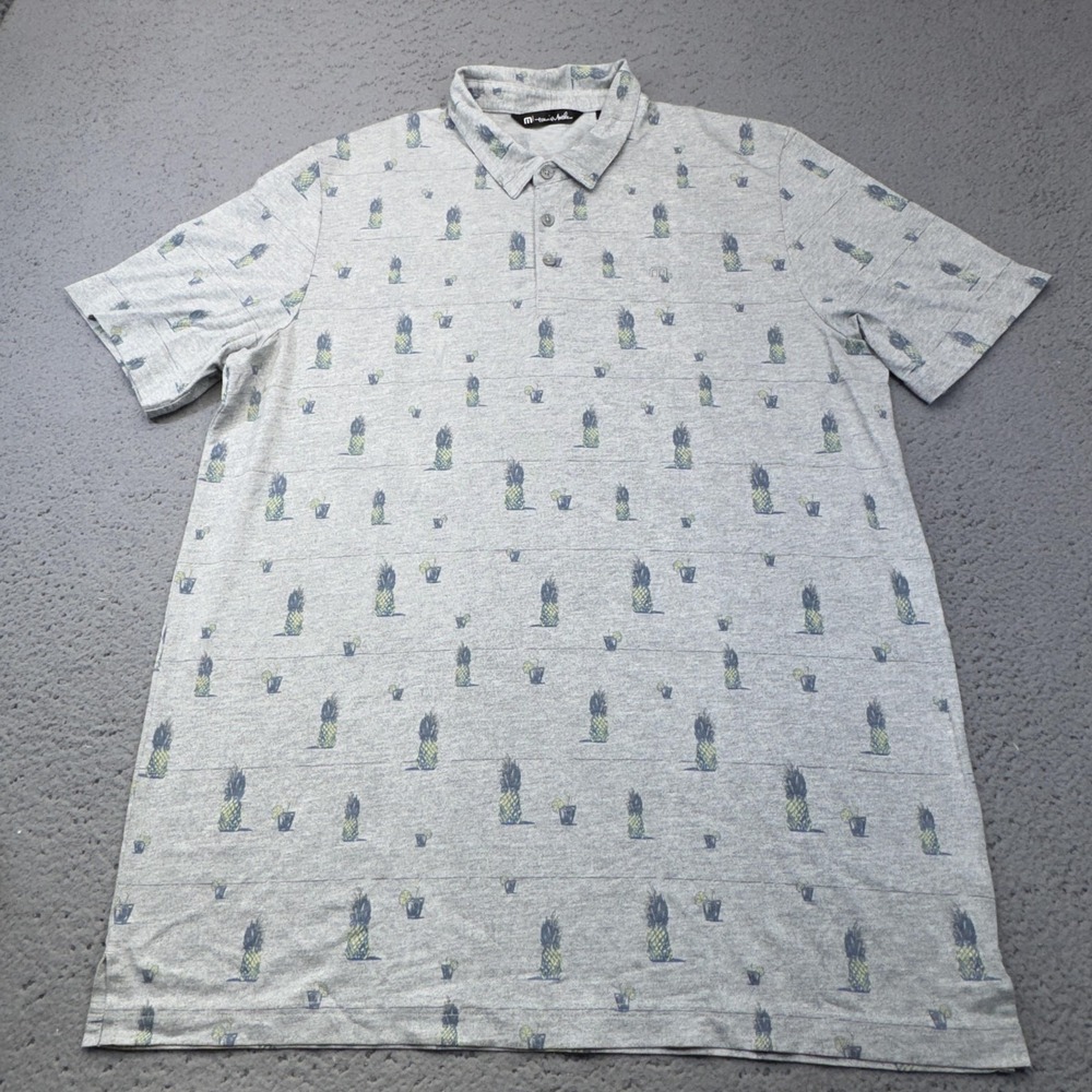 Travis Mathew Polo Shirt Mens‎ XL Gray Performance Stretch Pineapple Print Golf